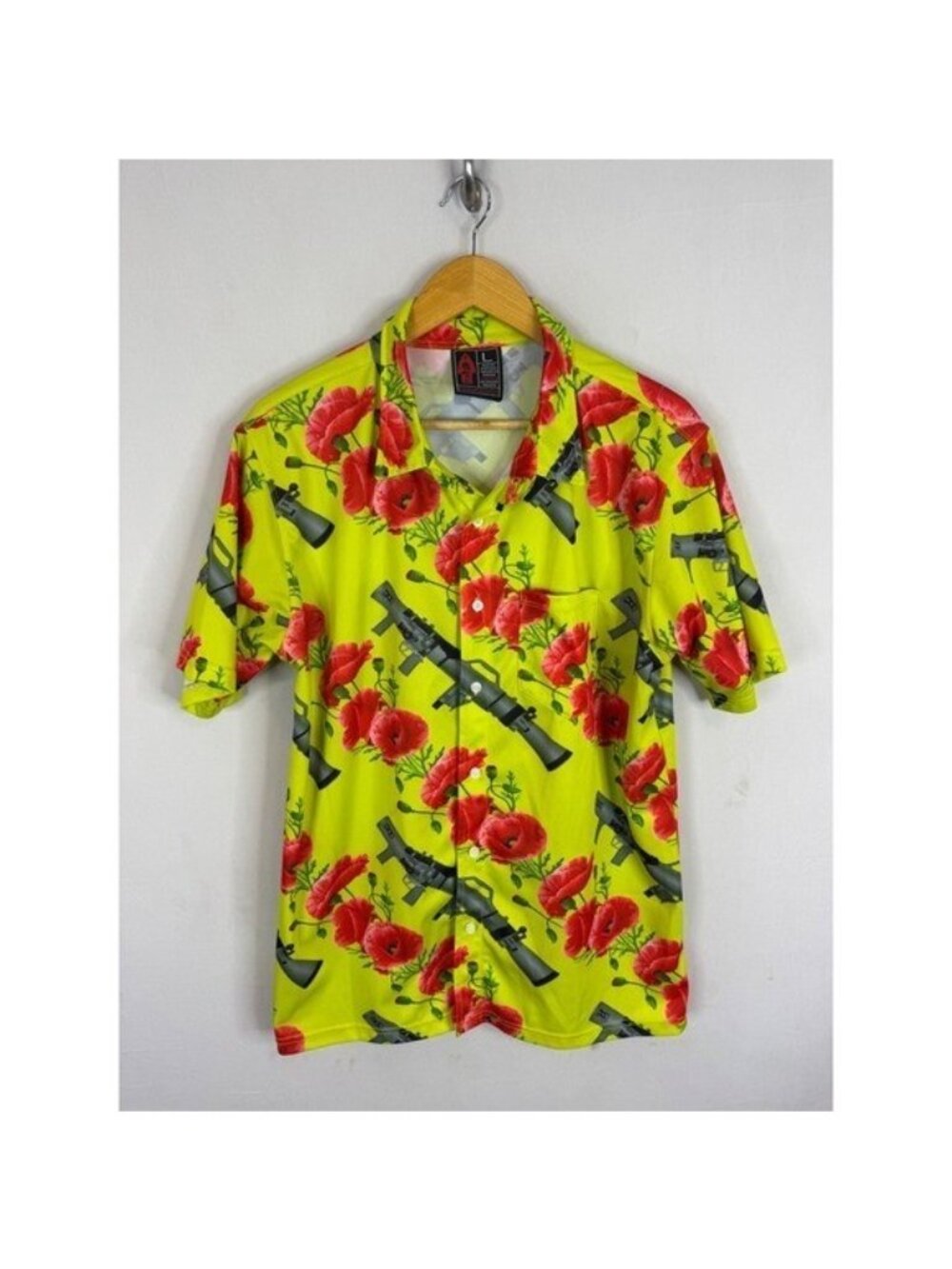 OAF Nation Mens Poppy and Rifle Print Button Down Shirt Lime Green Large